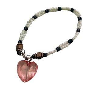 Pink Heart Crystal Charm White Beaded Bracelet